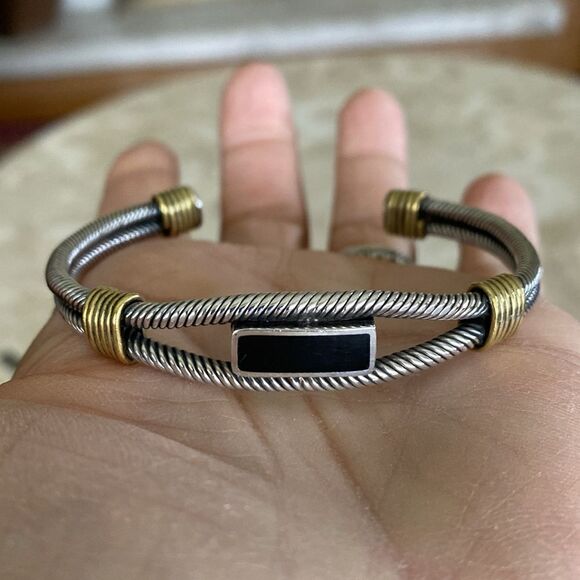 925 Sterling Silver, Brass & Black Enamel Unisex Cuff Bracelet 29g - Picture 5 of 10
